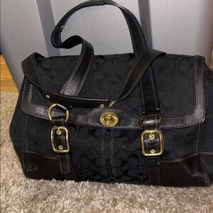 COACH Vintage Black HAMPTON SIGNATURE SATCHEL turnlock Carryall TOTE BAG purse